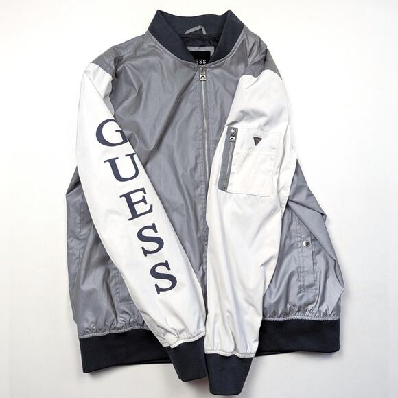 Guess Bomber Jacket Mens Size XXL Silver Reflective Spellout Sleeve - Picture 2 of 14